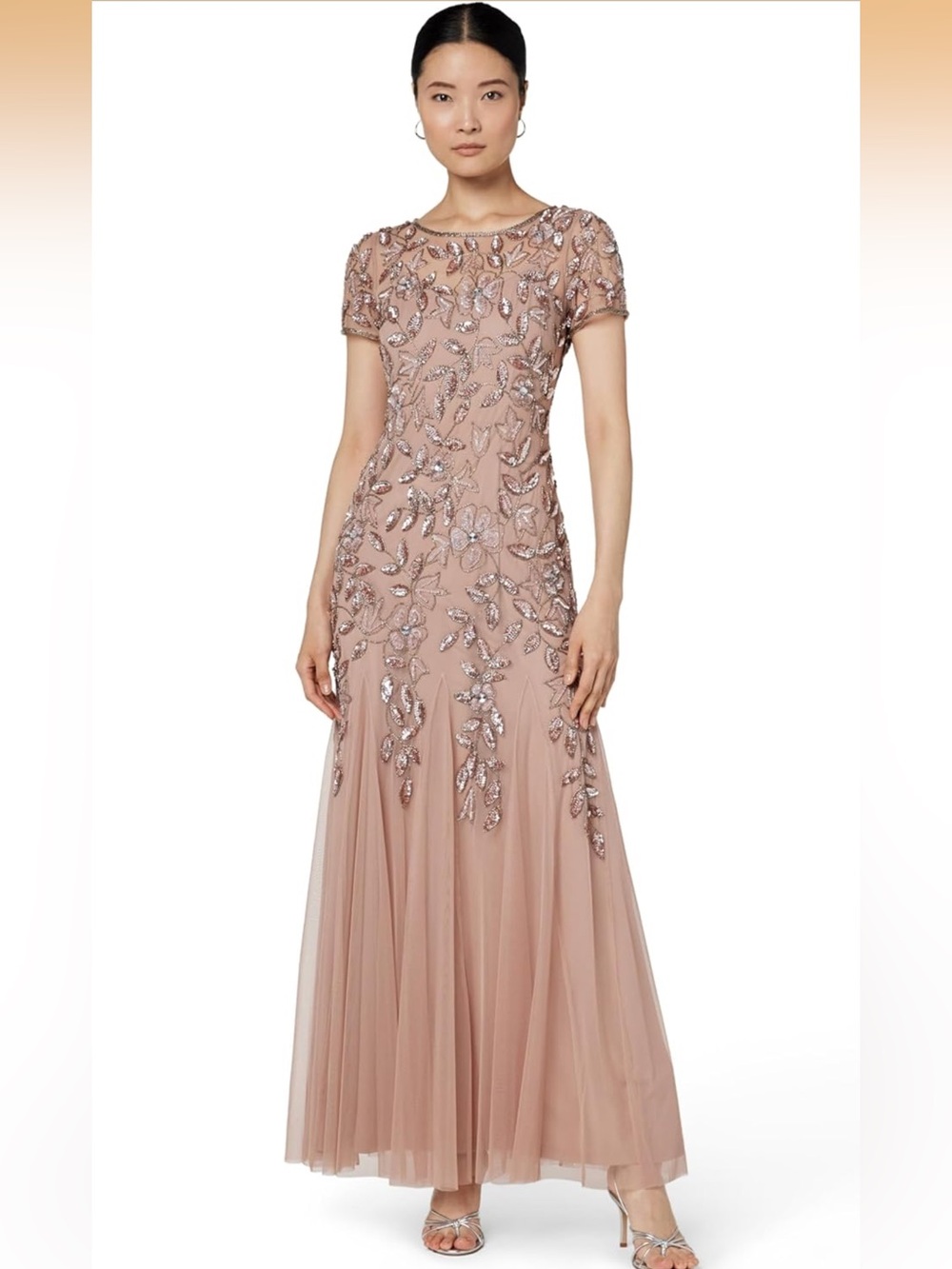 NWT Adrianna Papell Hand Beaded Short Sleeve Floral Godet Maxi Gown 16